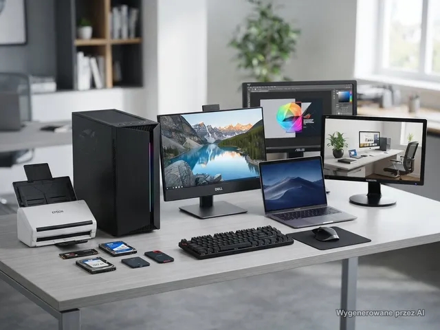 Zestaw komputerowy, laptop, monitory, dyski i skaner na biurku biurowym