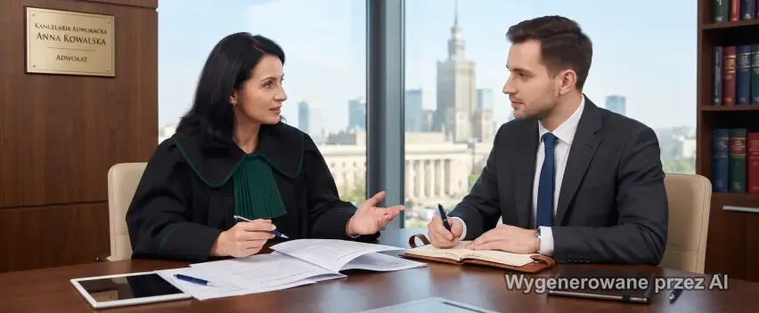 Prawnicy analizujący dokumenty przy biurku, w tle drukarka HP